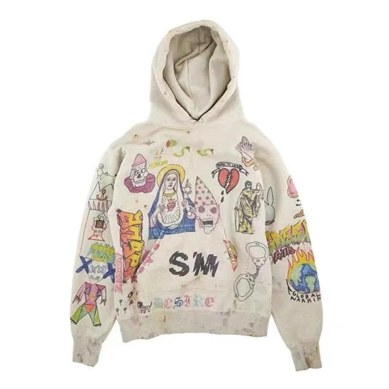 In stock ST140 style gray P260 Saint Michael Madonna old graffiti American high street fashion brand retro couple wear hooded plus velvet sweatshirt Size S-M-L-XL